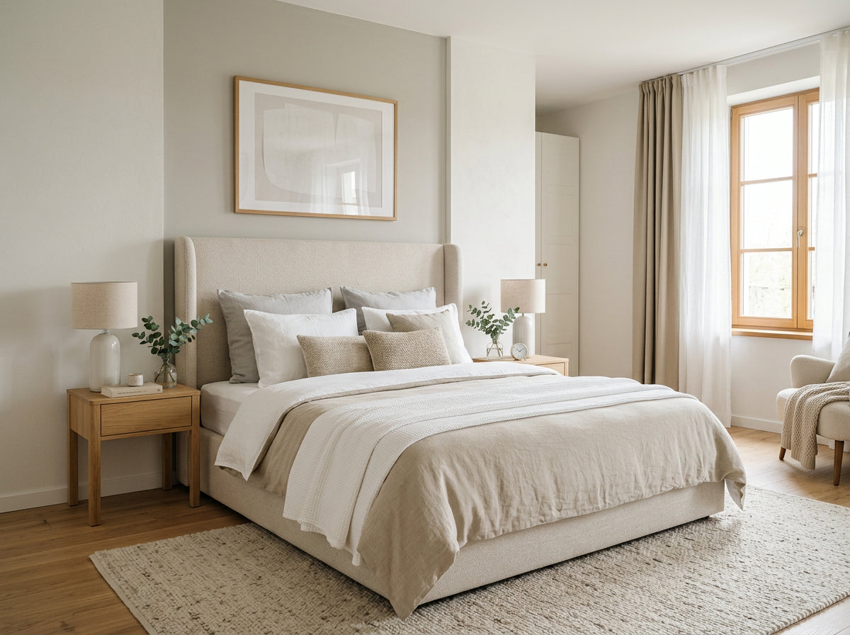 UK bed sizes – super king upholstered bed 180x200 cm in a bright bedroom