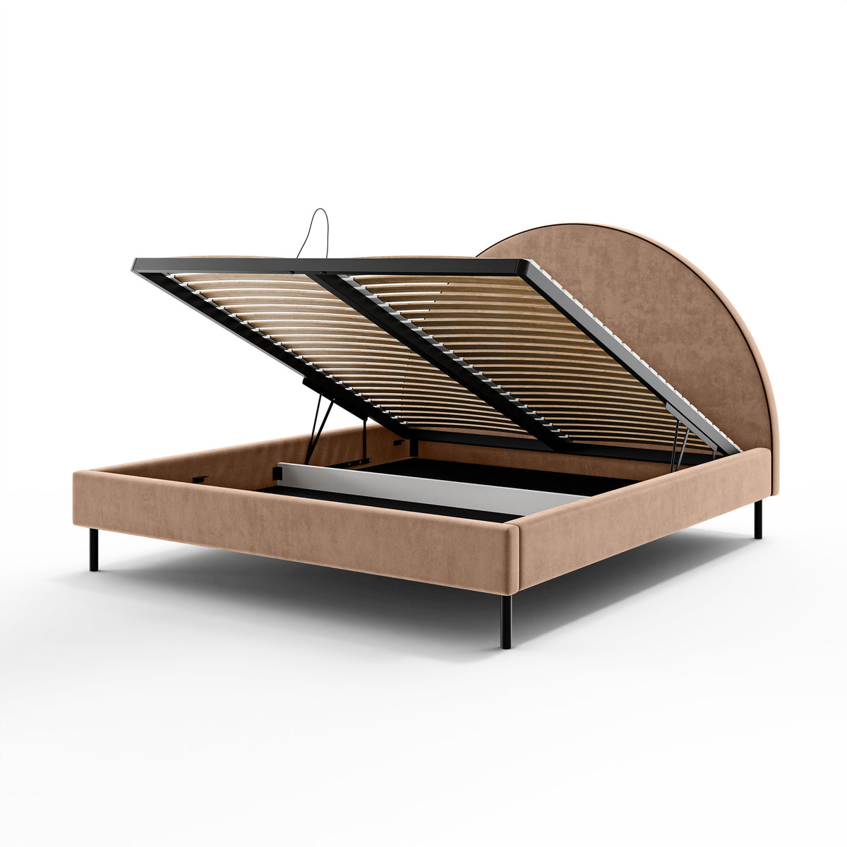 Upholstered bed with a semicircular headboard and storage in a soft modern style | Zora