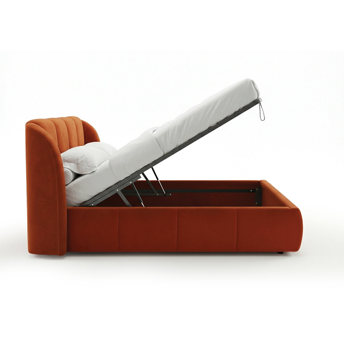 Upholstered bed with vertical tufting and storage in a soft modern style | Ventara