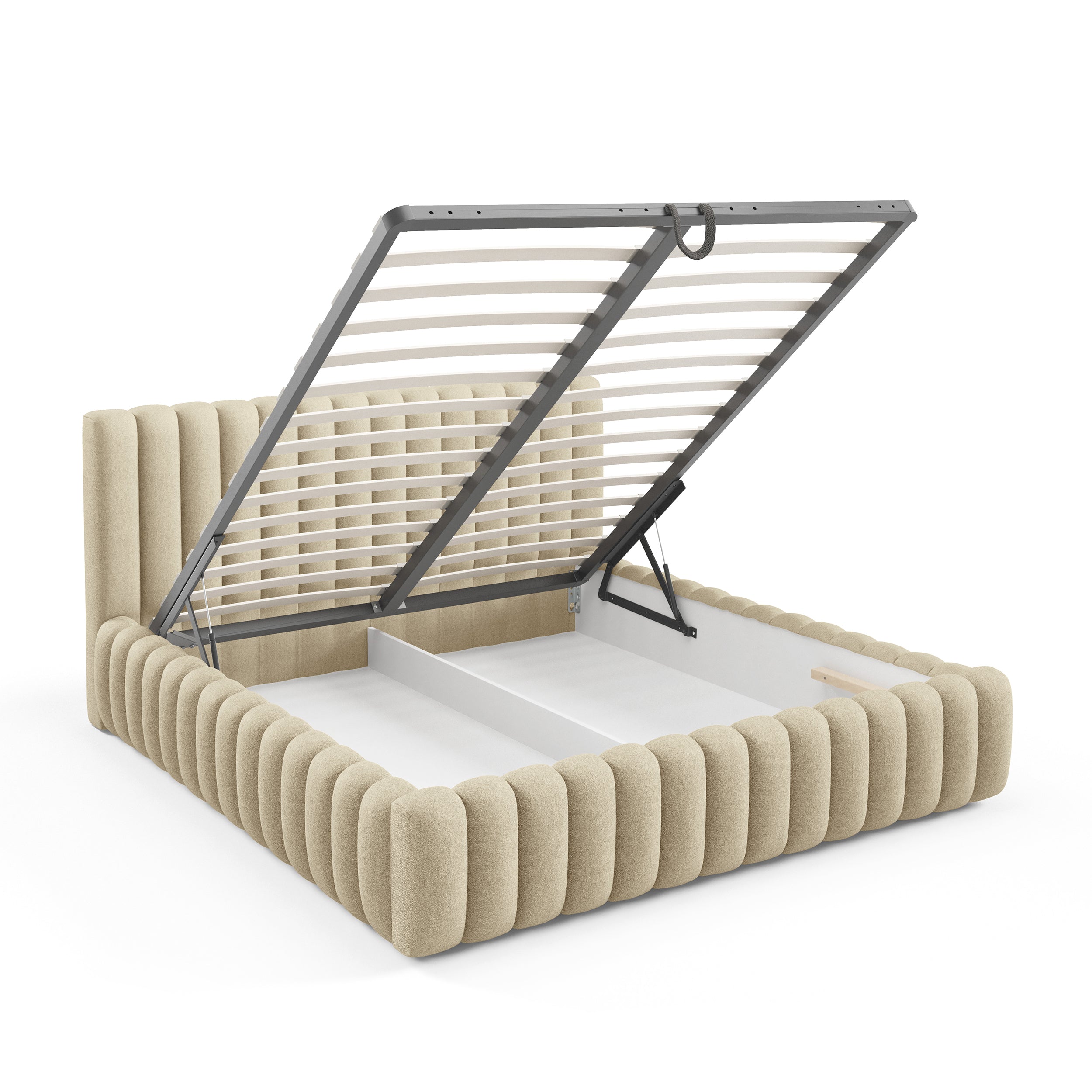 Upholstered bed with storage in a modern soft style, Doha fabric | Pastel