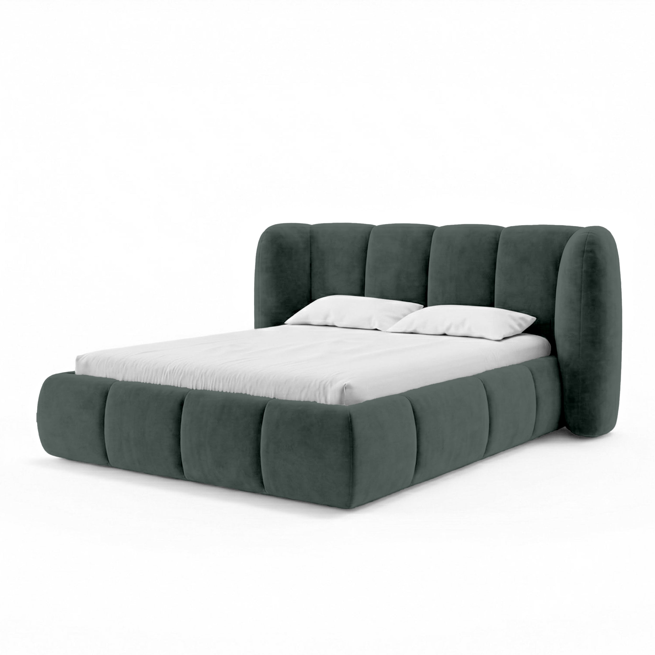 Upholstered bed with vertical tufting and storage in a soft modern style | Ventara