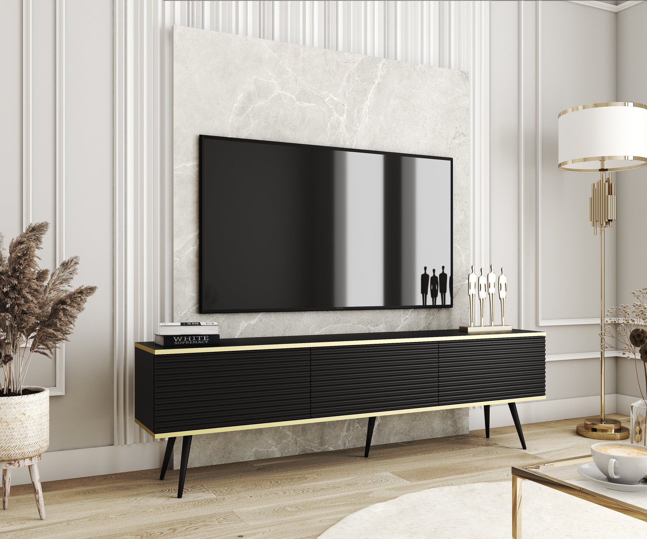 Szafka RTV 175x30 ze złotymi akcentami | Meva