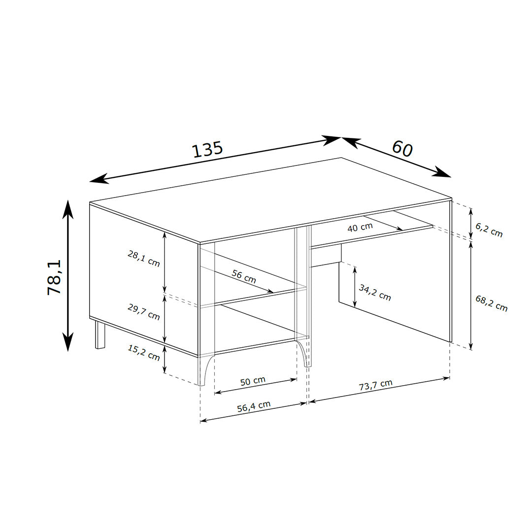 EKLIPSO desk 135x78 with a built-in cupboard in a modern style – dimension drawing | Pillovely