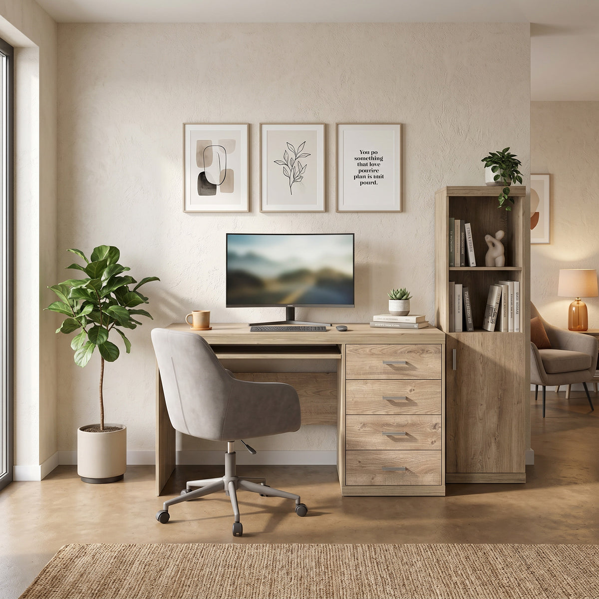 Korin desk 120x78 in a study with a monitor, a grey chair and a bookcase – desk for a home office