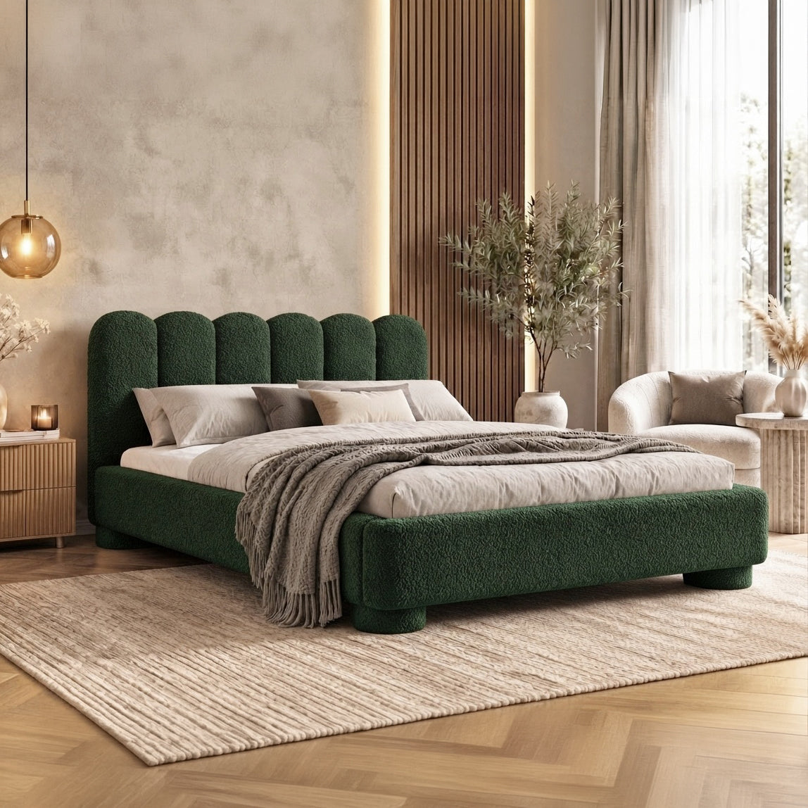 Lattri upholstered bed 120x200–200x200 with storage in modern organic style, Coral fabric – in an interior setting | Pillovely