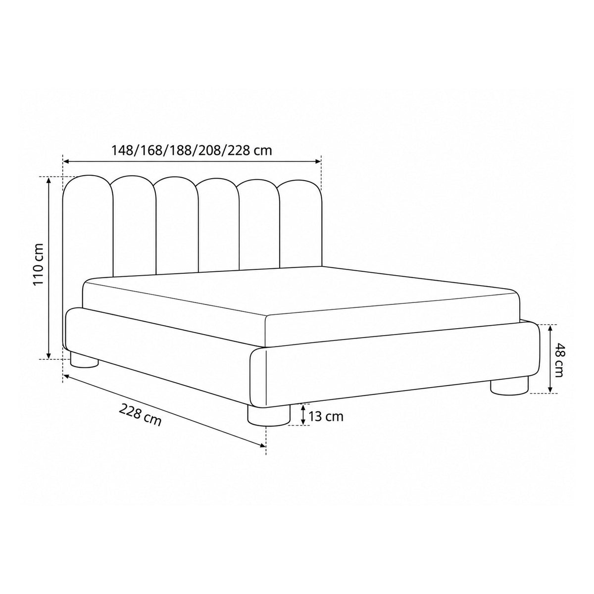 Lattri upholstered bed 120x200–200x200 with storage in modern organic style, Coral fabric – dimension drawing | Pillovely