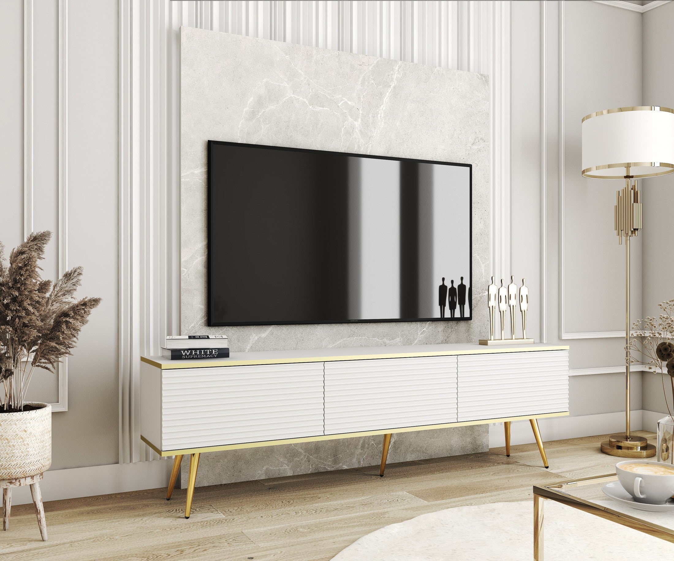 Szafka RTV 175x30 ze złotymi akcentami | Meva