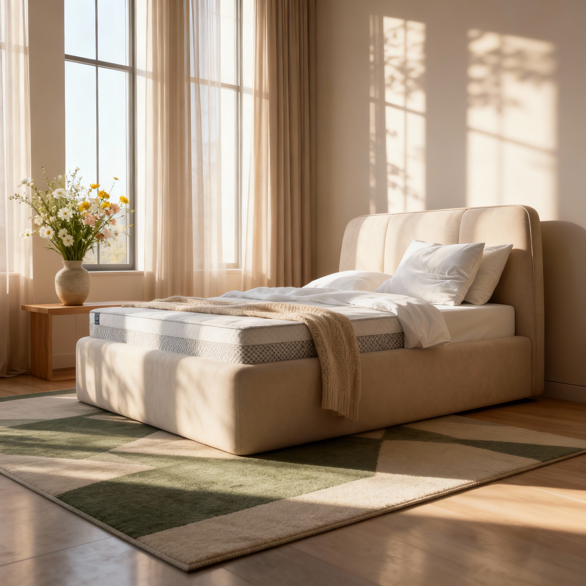 Łóżko tapicerowane z dużym pojemnikiem w stylu soft minimalism | Elle
