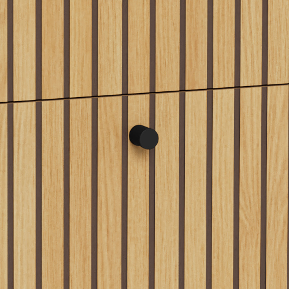 Bambouz chest of drawers 81x81 – detail of the vertical slats in an oak finish and the black drawer knobs
