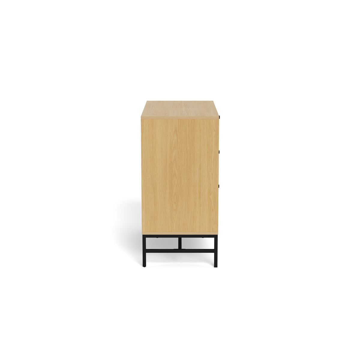 Bambouz chest of drawers 81x81 – side view of the oak-coloured body and black base with a connecting piece