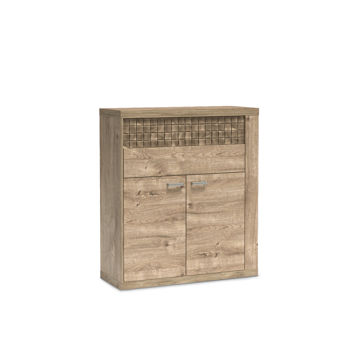 Korin sideboard 102x119 in oak – sideboard with drawers, a cupboard and a ribbed front, angled view