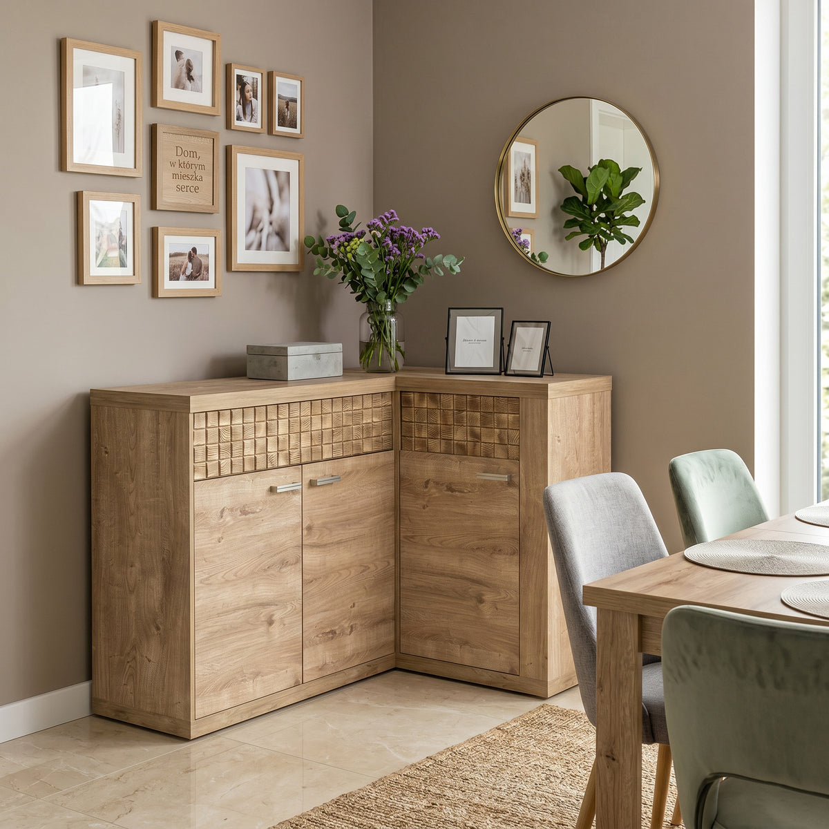 Korin sideboard 132x99 in a dining room with a frame gallery and flowers – corner sideboard for the dining room