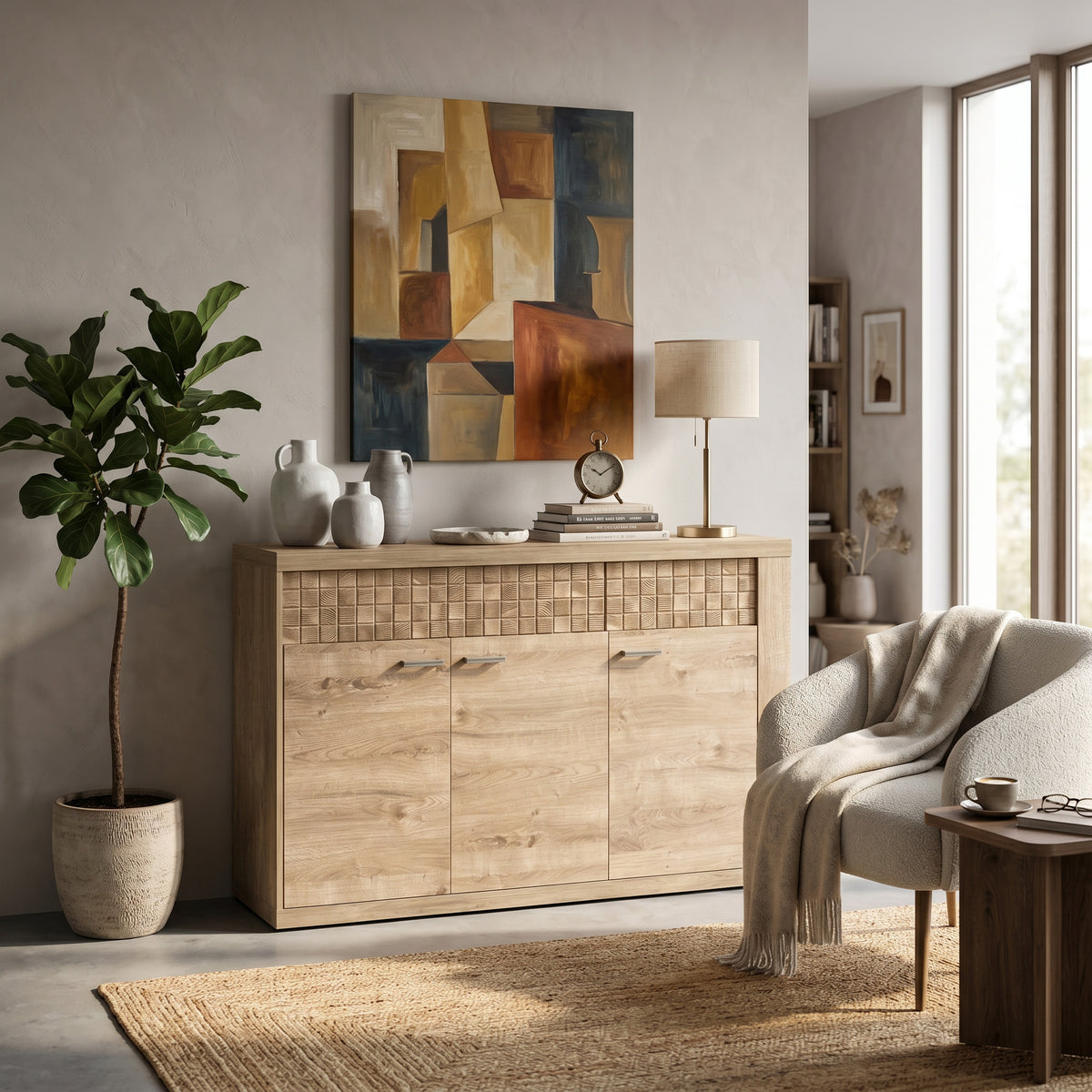 Korin sideboard 147x99 in a living room with a painting, a lamp and a plant – wide boho living room sideboard