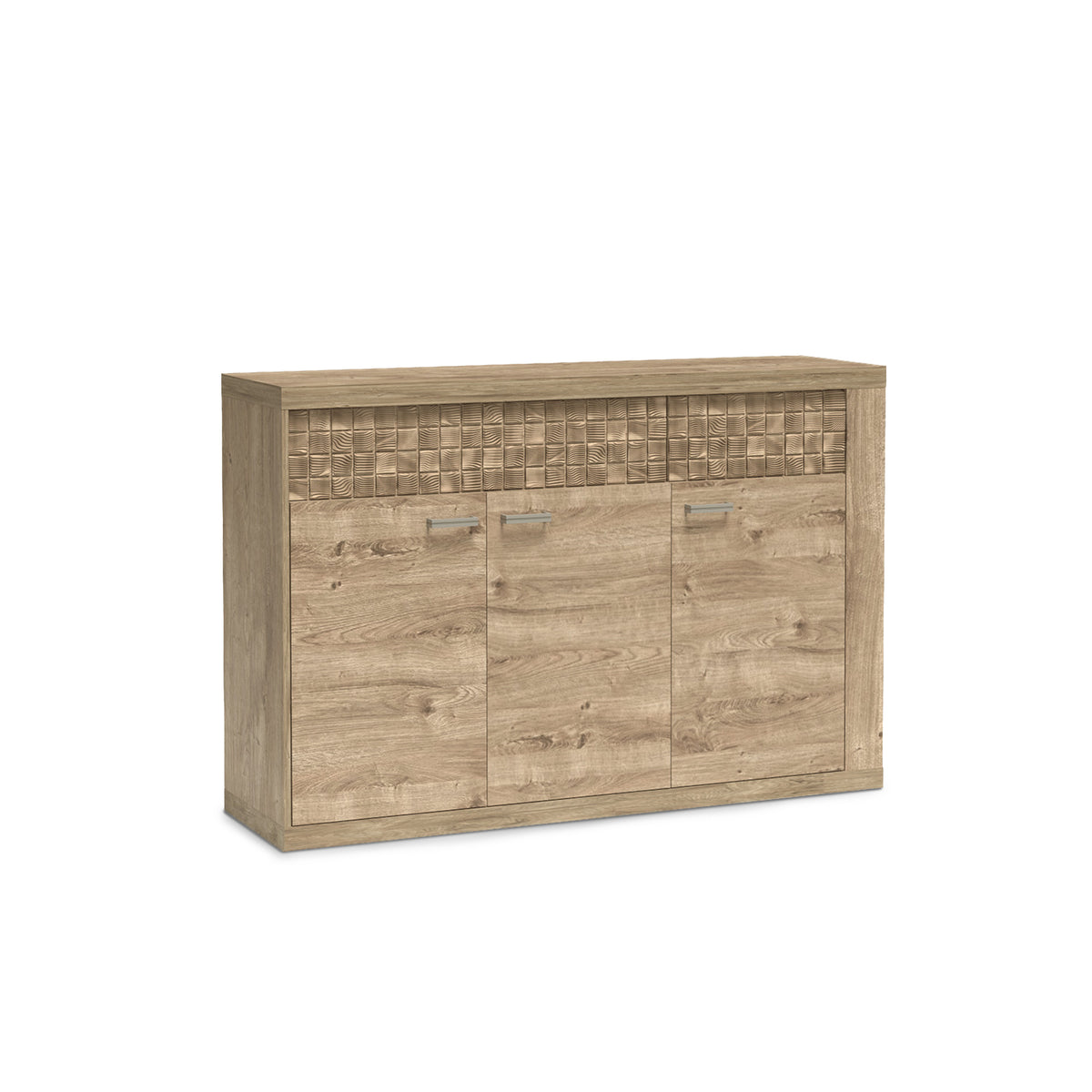 Korin sideboard 147x99 in oak – three-door sideboard with a ribbed front above the doors, angled view