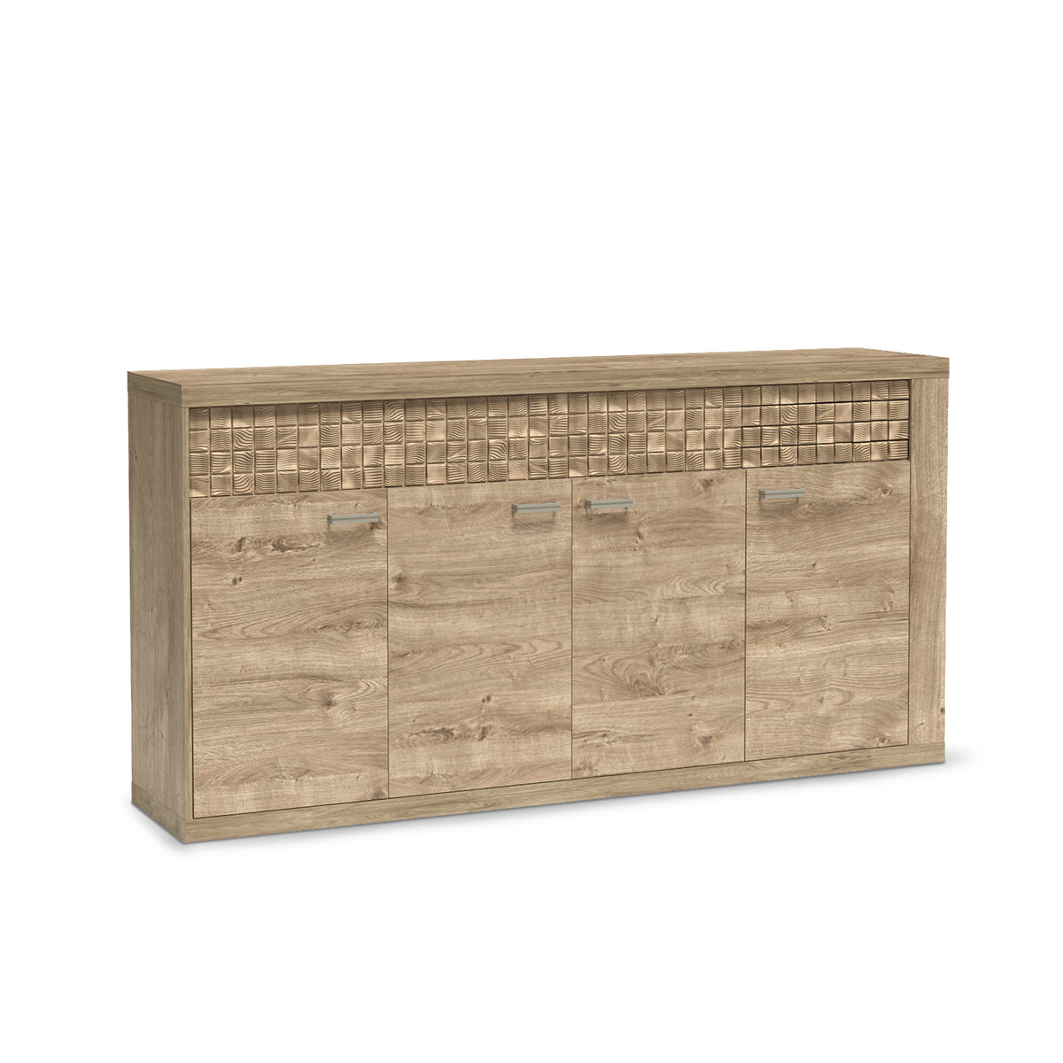 Korin sideboard 192x99 in oak – wide four-door sideboard with a ribbed front, angled view