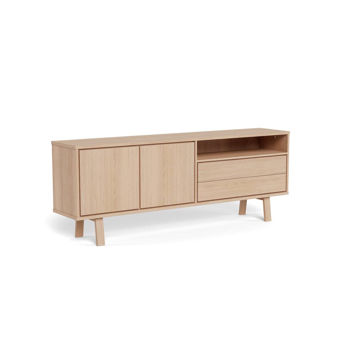 Lurisse chest of drawers, 200x75, bleached oak – side view, Scandinavian-style chest of drawers with doors, drawers and an open compartment