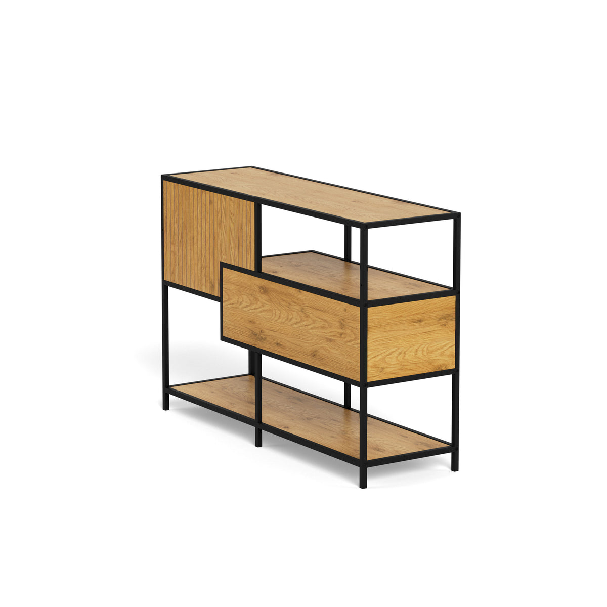 Skeleto low bookcase 114x78 Wild Oak – rear view at an angle, freestanding bookcase for the living room