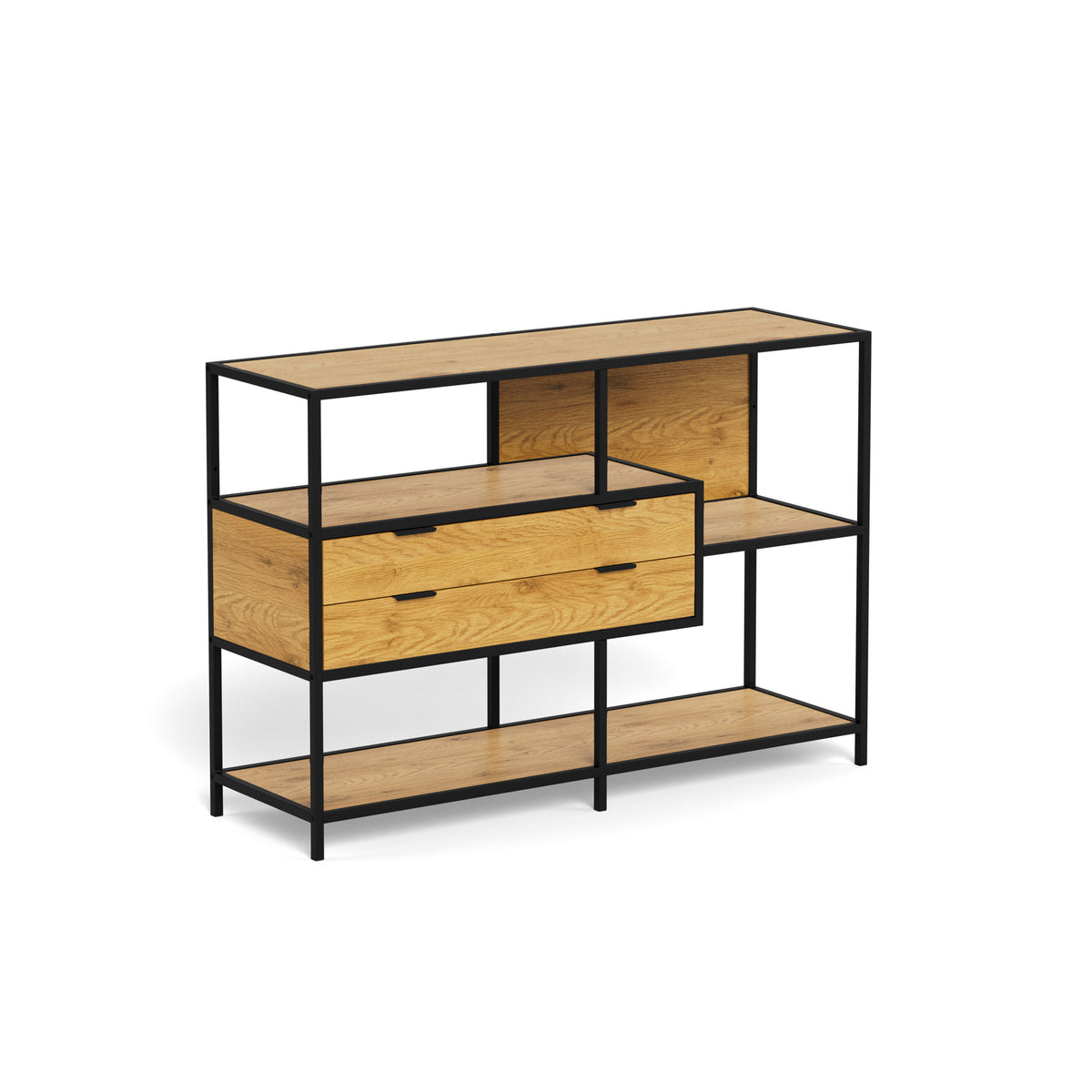 Skeleto low bookcase 114x78 Wild Oak – an oblique view of the black frame, top, shelves and two drawers