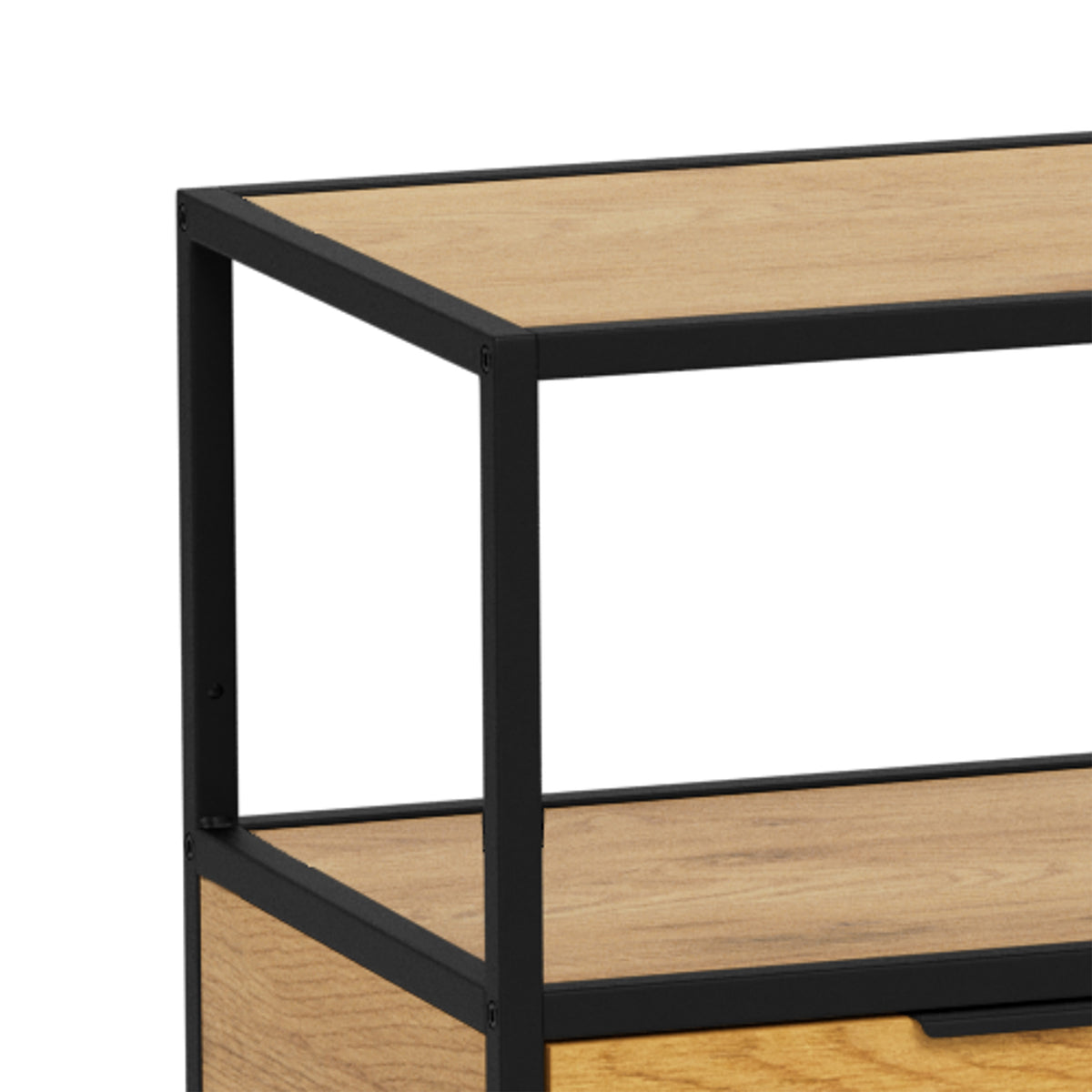 Skeleto low bookcase 114x78 Wild Oak – close-up of the corner where the steel frame meets the top in an oak finish