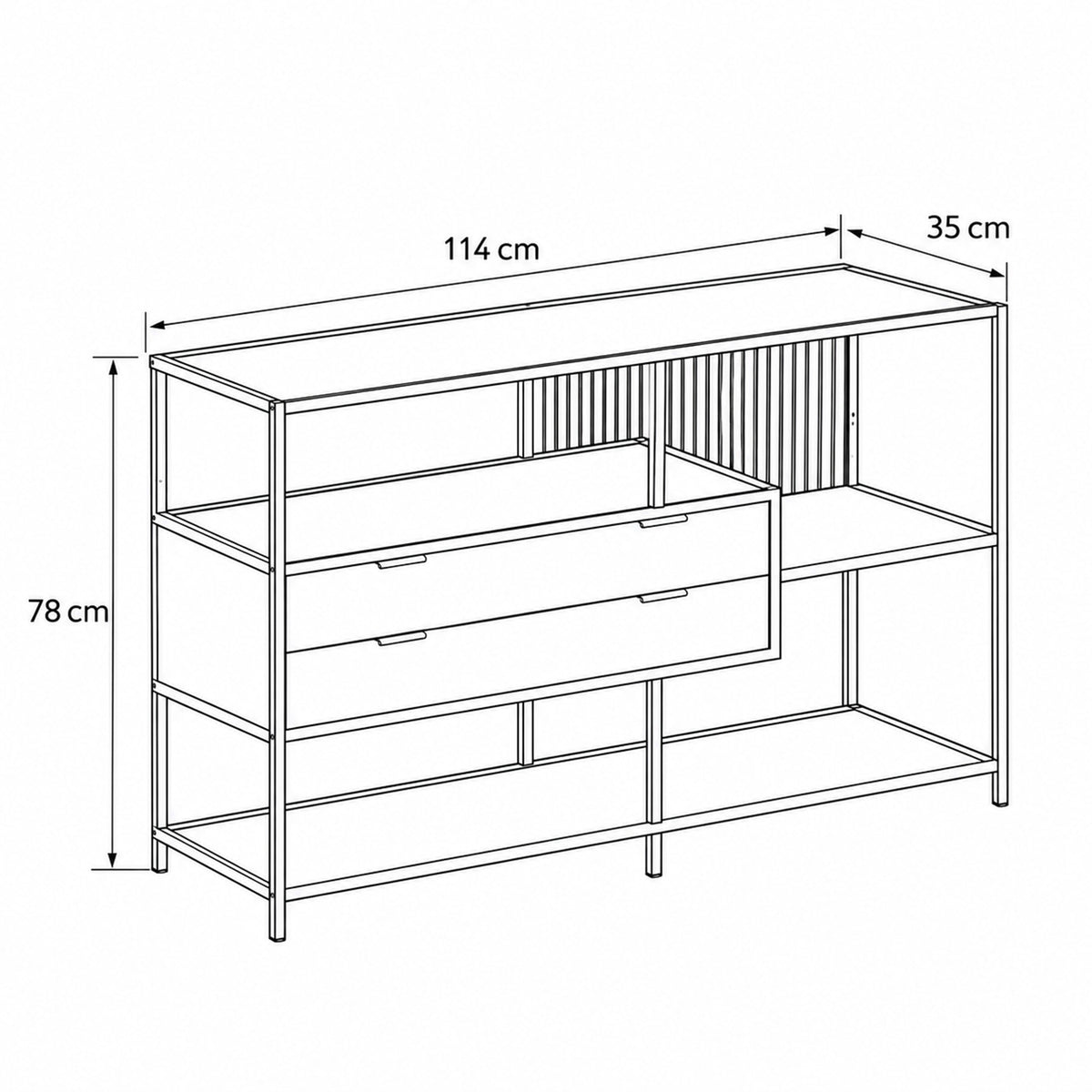 Skeleto low bookcase 114x78 – dimensional drawing showing width, height and depth
