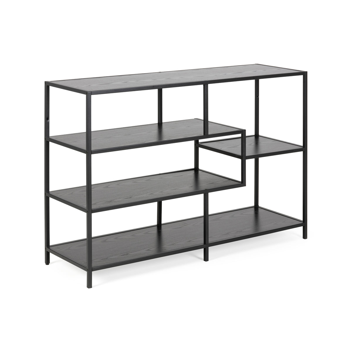 Skeleto Bookcase 114x78 Black Melamine, side view – a black bookcase with asymmetrical shelves in an industrial style
