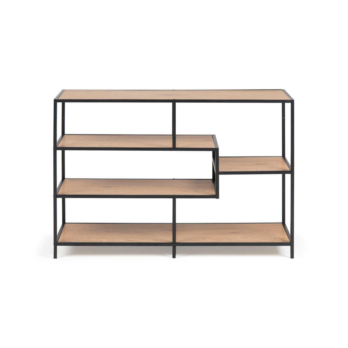 Skeleto bookcase 114x78 Wild Oak, front view – asymmetrical shelf layout with a smaller shelf on the right-hand side