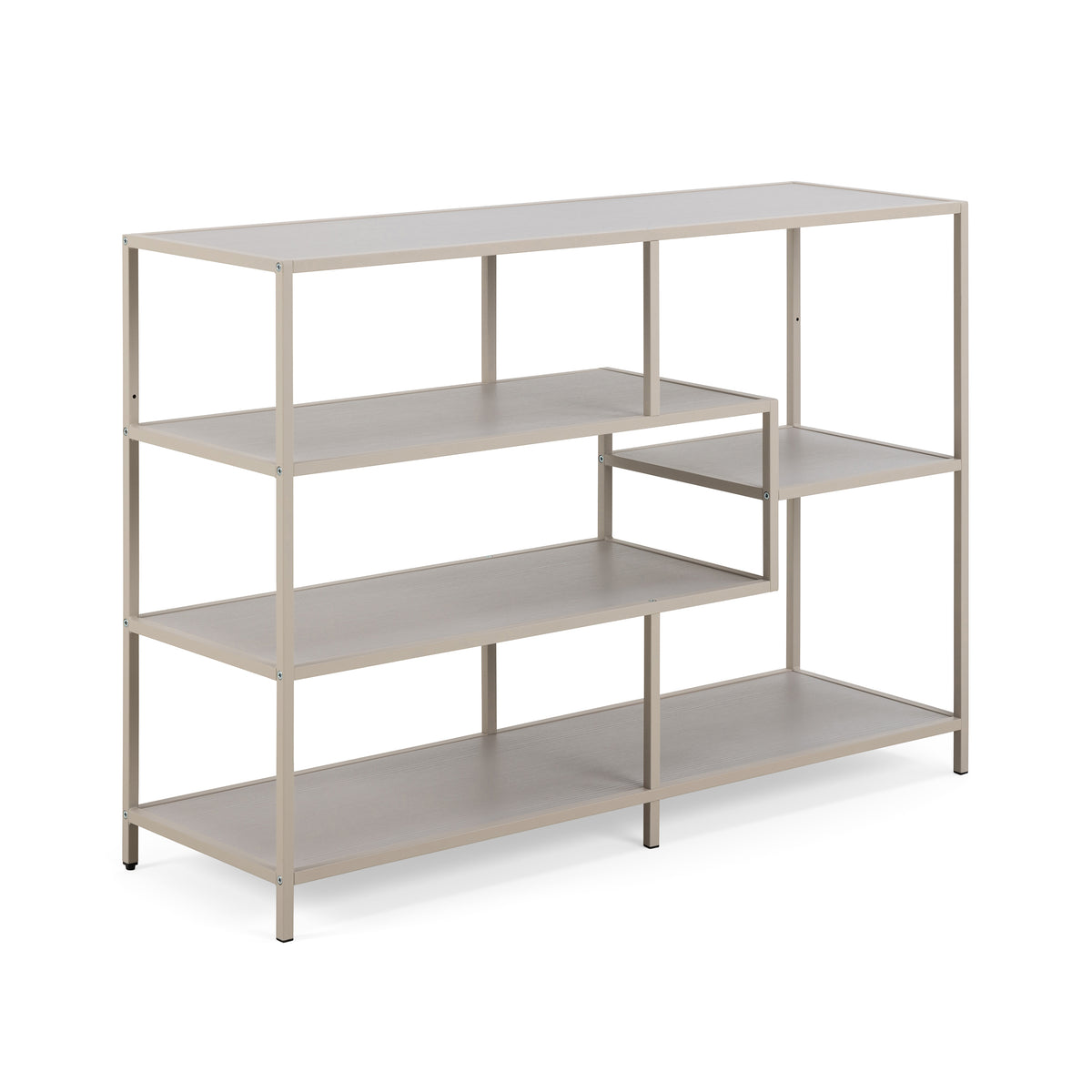 Skeleto bookcase 114x78, grey melamine, side view – a light-coloured open bookcase on a grey steel frame