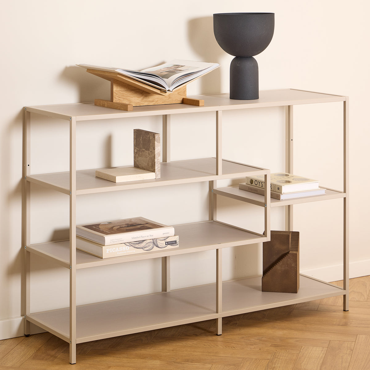 Skeleto bookcase, 114x78, grey melamine, with books, a black vase and decorations – a bookcase for the living room