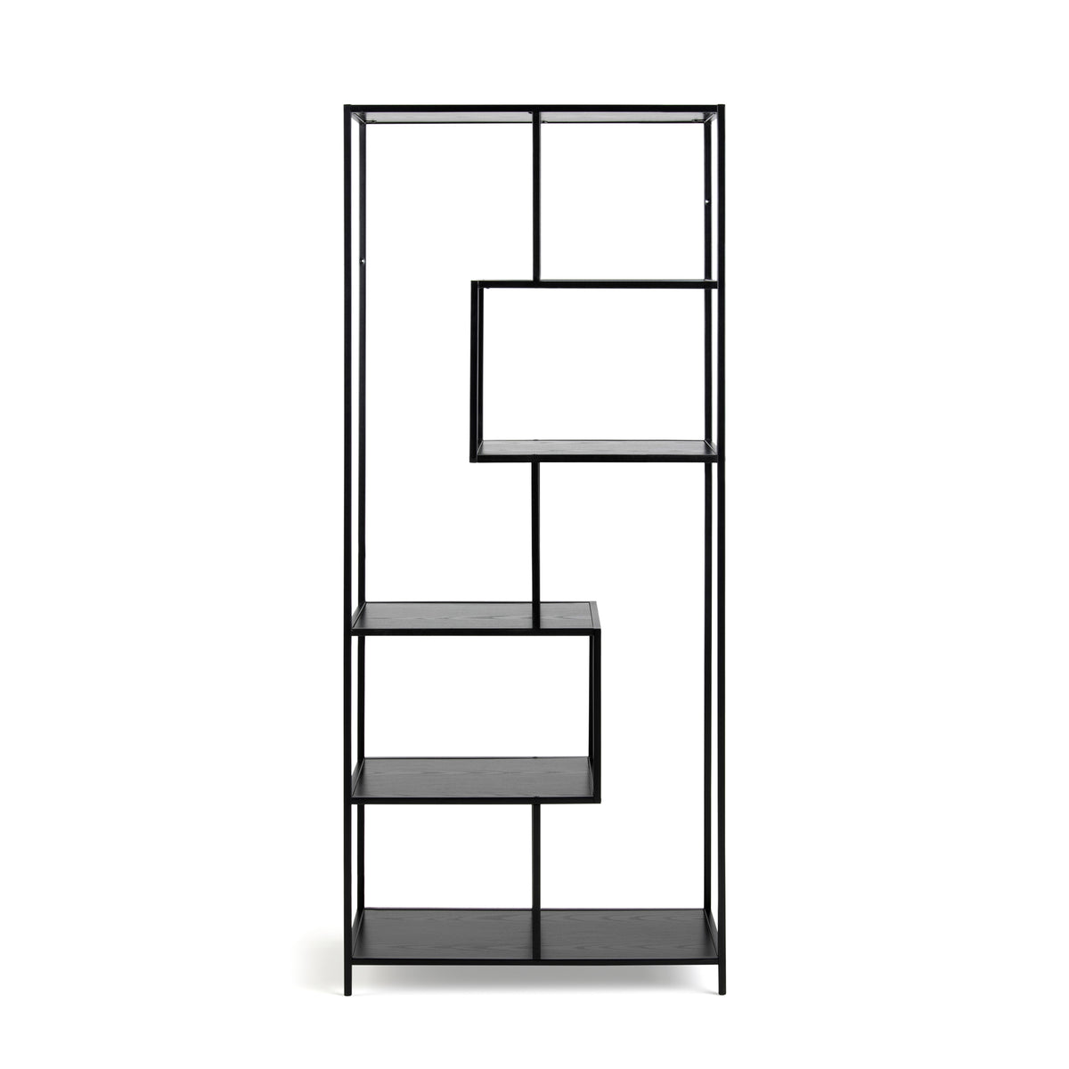 Skeleto bookcase 77x185, black melamine, front view – shelves in black ash