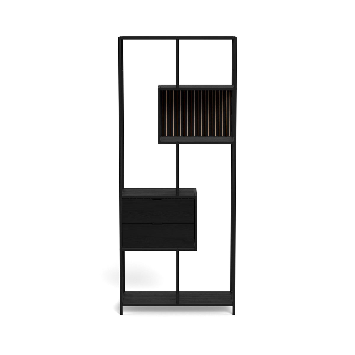 Skeleto Bookcase 77x185 Black Melamine – front view, black loft-style bookcase with drawers