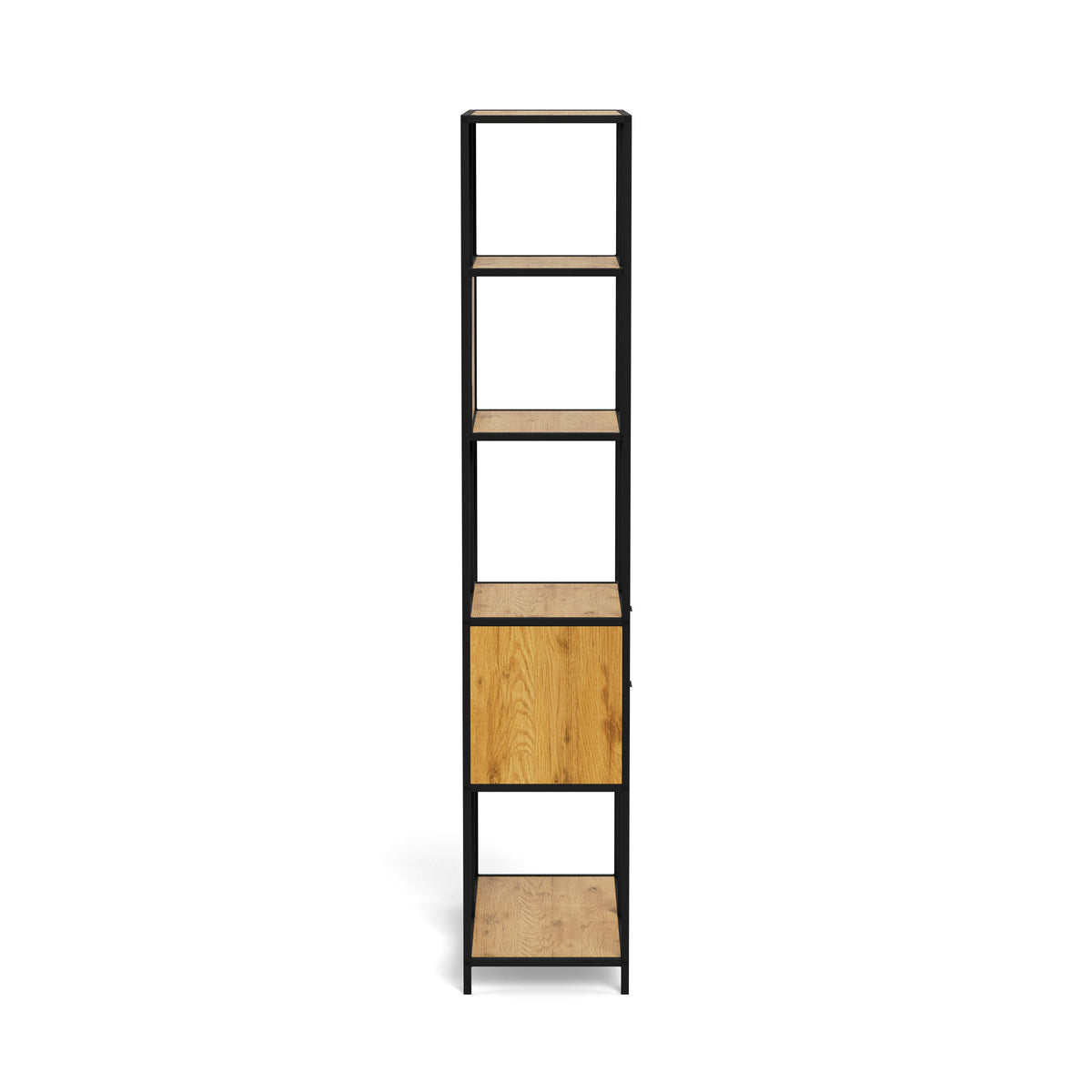 Skeleto 77x185 Wild Oak bookcase – side view of the oak-effect shelves and steel frame