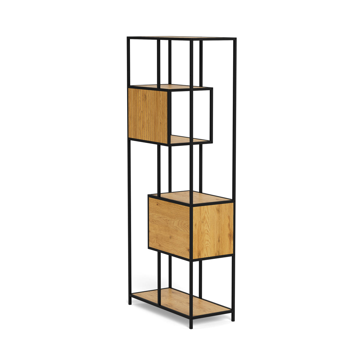 Skeleto 77x185 Wild Oak bookcase – rear view at an angle, living room bookcase with a steel frame