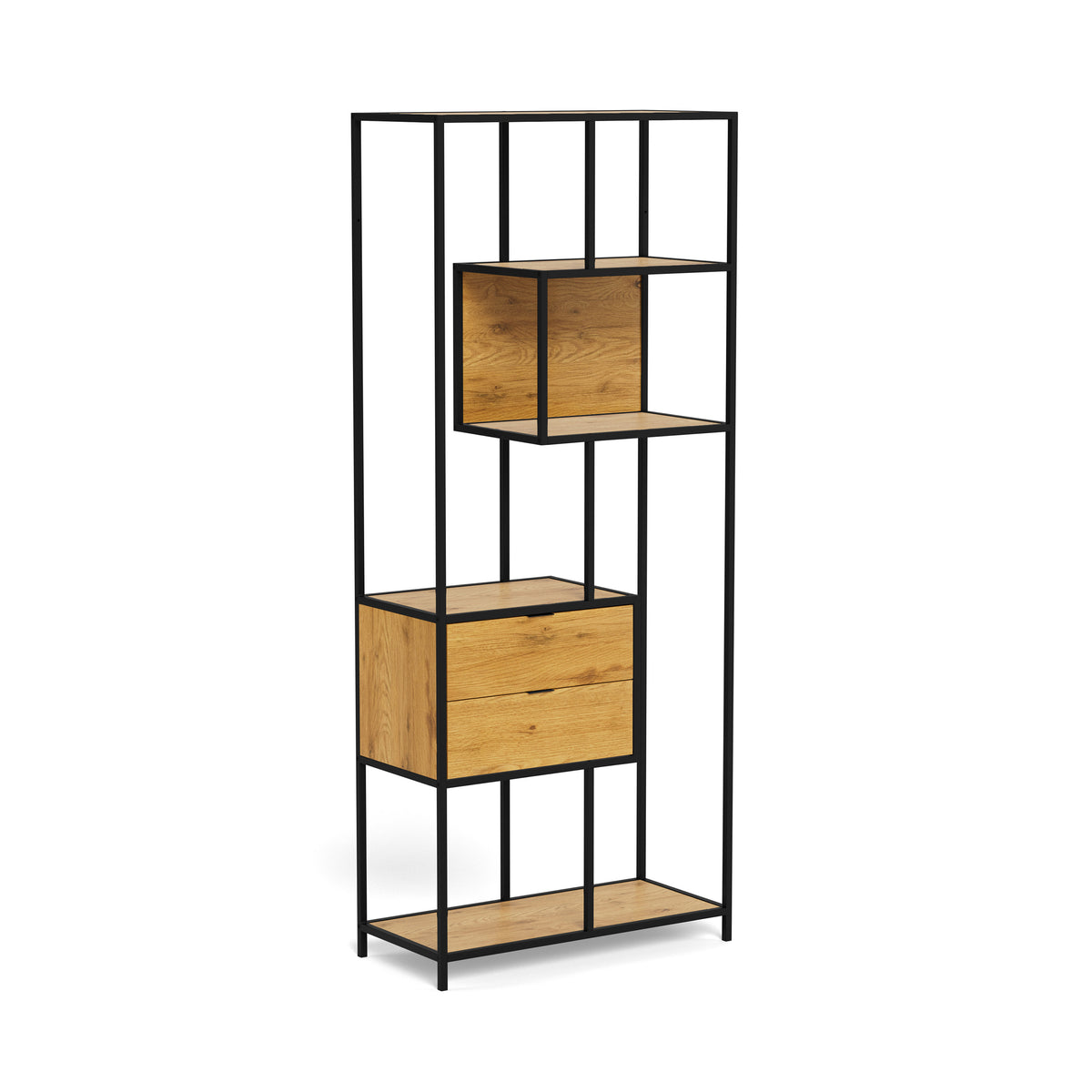 Skeleto 77x185 Wild Oak bookcase – a side view of the black frame, the recess and two drawers; a bookcase with drawers