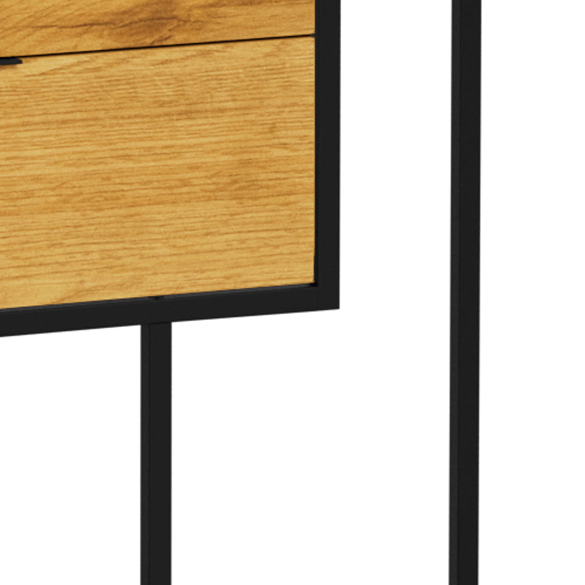 Skeleto 77x185 Wild Oak bookcase – close-up of the drawer front with handle and black steel frame