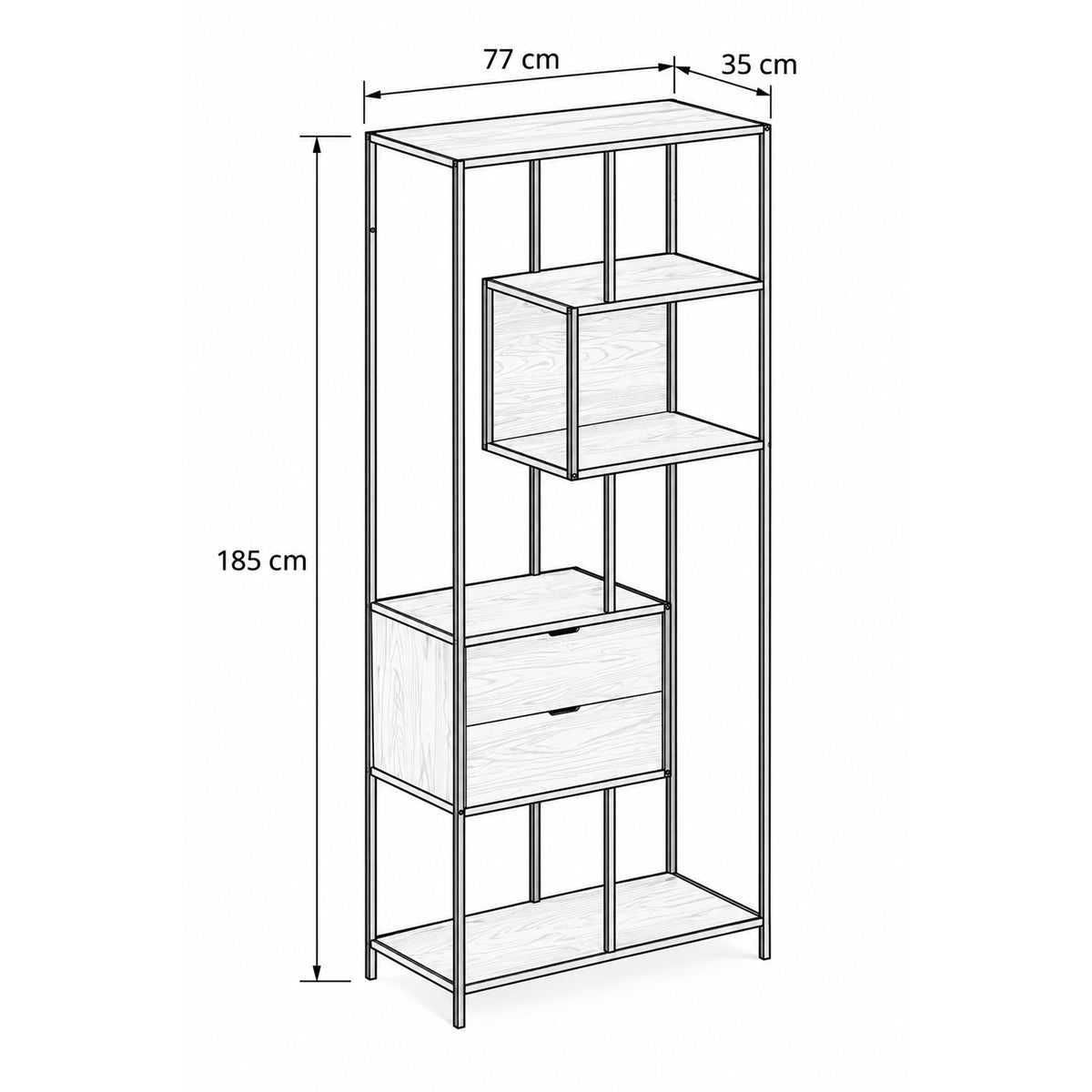 Skeleto 77x185 bookcase with drawers – dimensional drawing showing width, height and depth