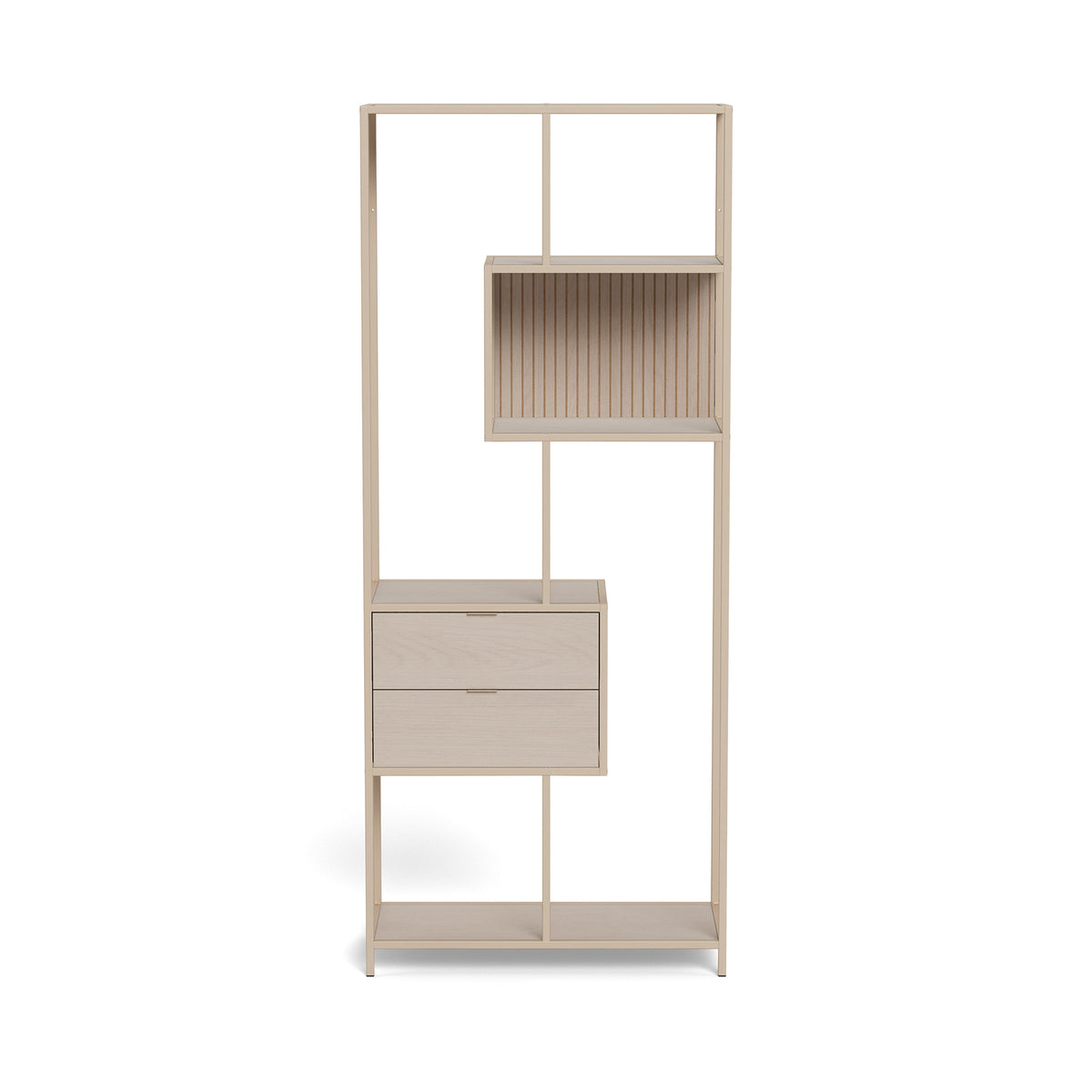 Skeleto Bookcase 77x185 Grey Melamine – front view showing the open shelves and the drawer unit