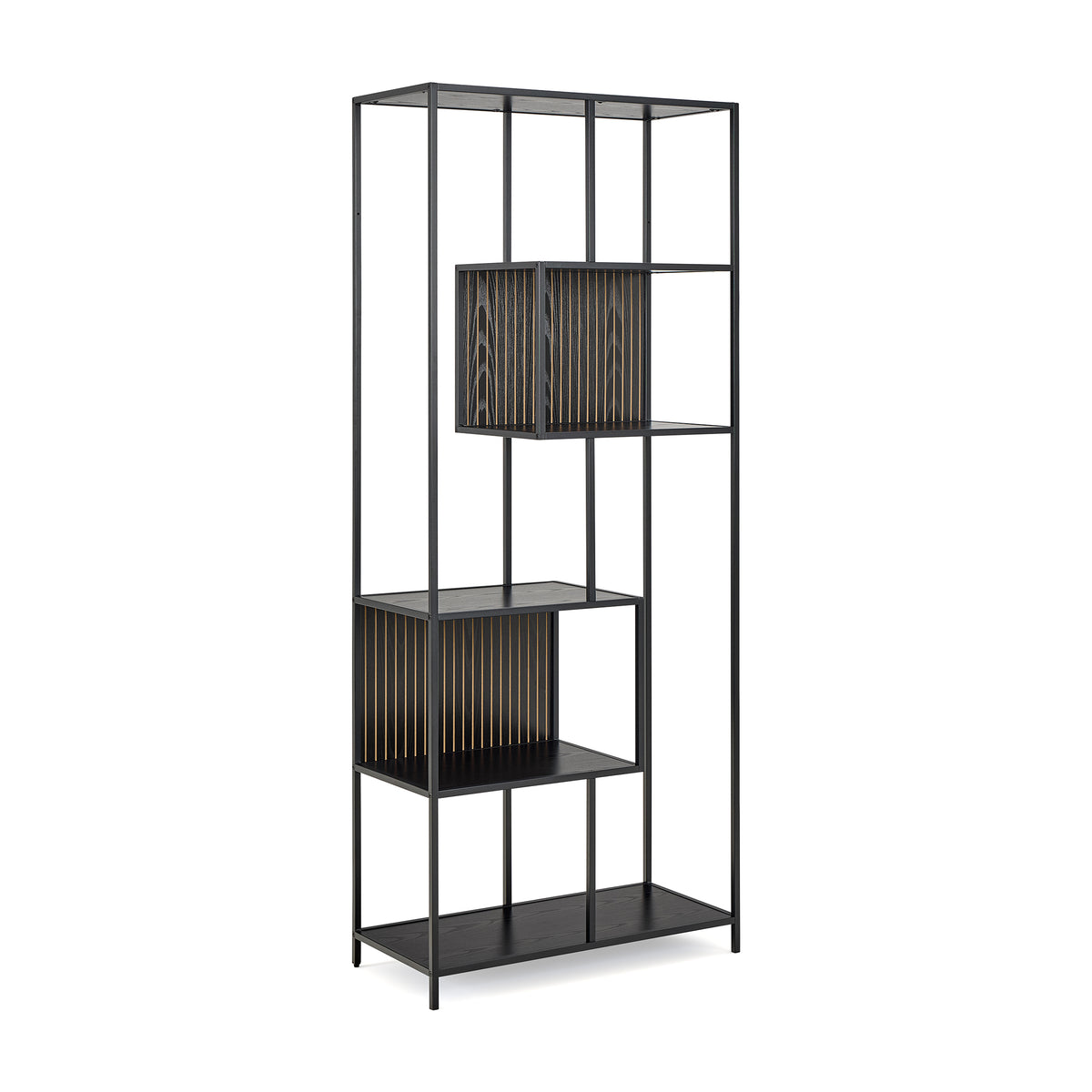 Skeleto Bookcase 77x185 Black Melamine – an oblique view of the steel frame and two asymmetrical compartments; a bookcase