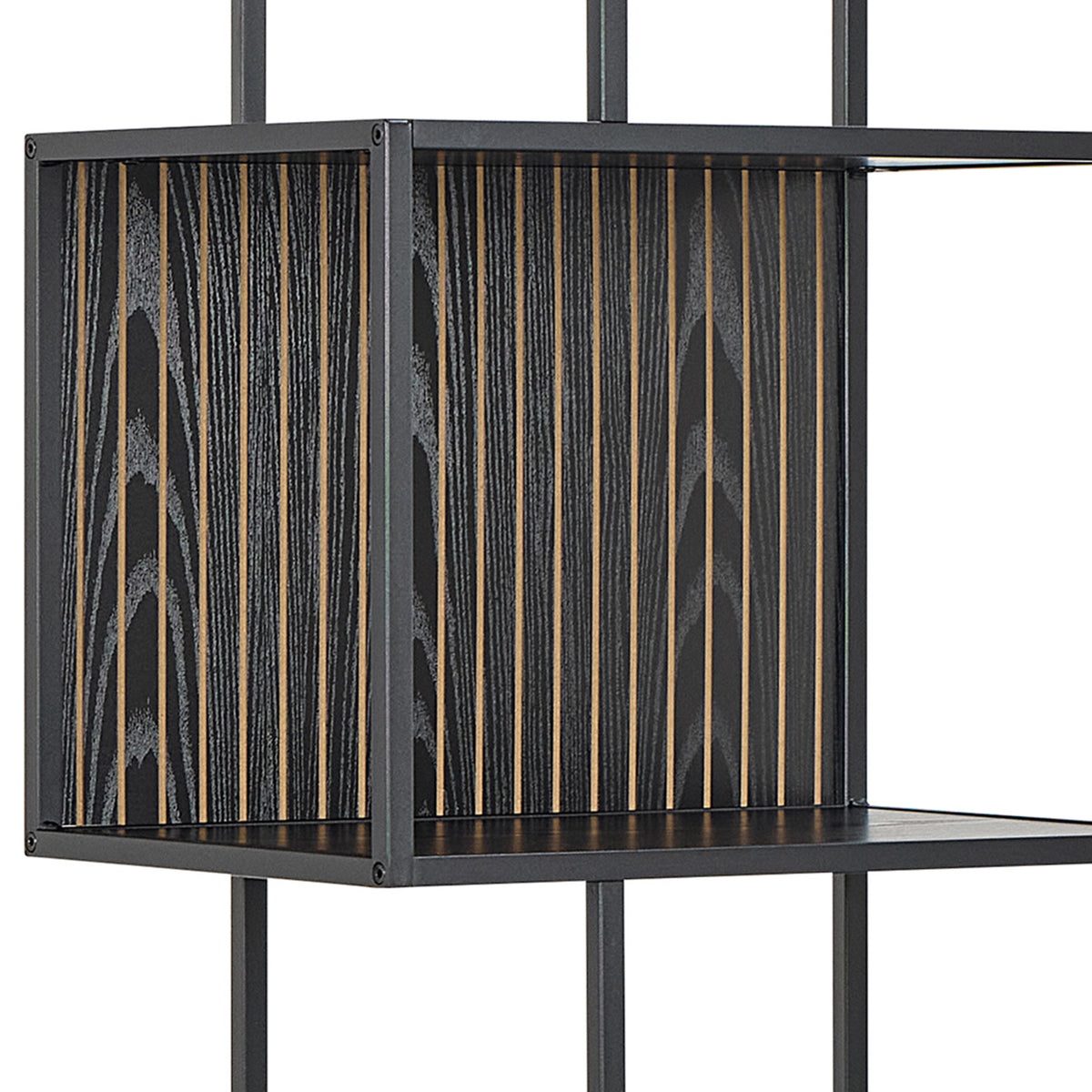 Skeleto Bookcase 77x185 Black Melamine – close-up of the recess with vertical slats in a black ash finish