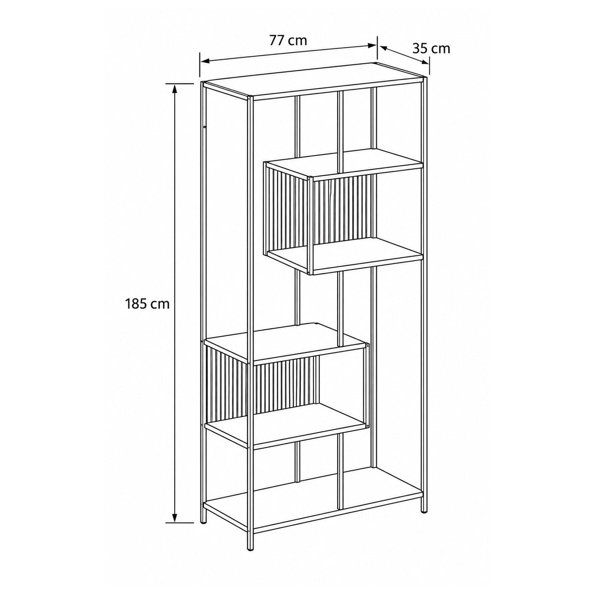 Skeleto bookcase 77x185 – dimensional drawing showing width, height and depth