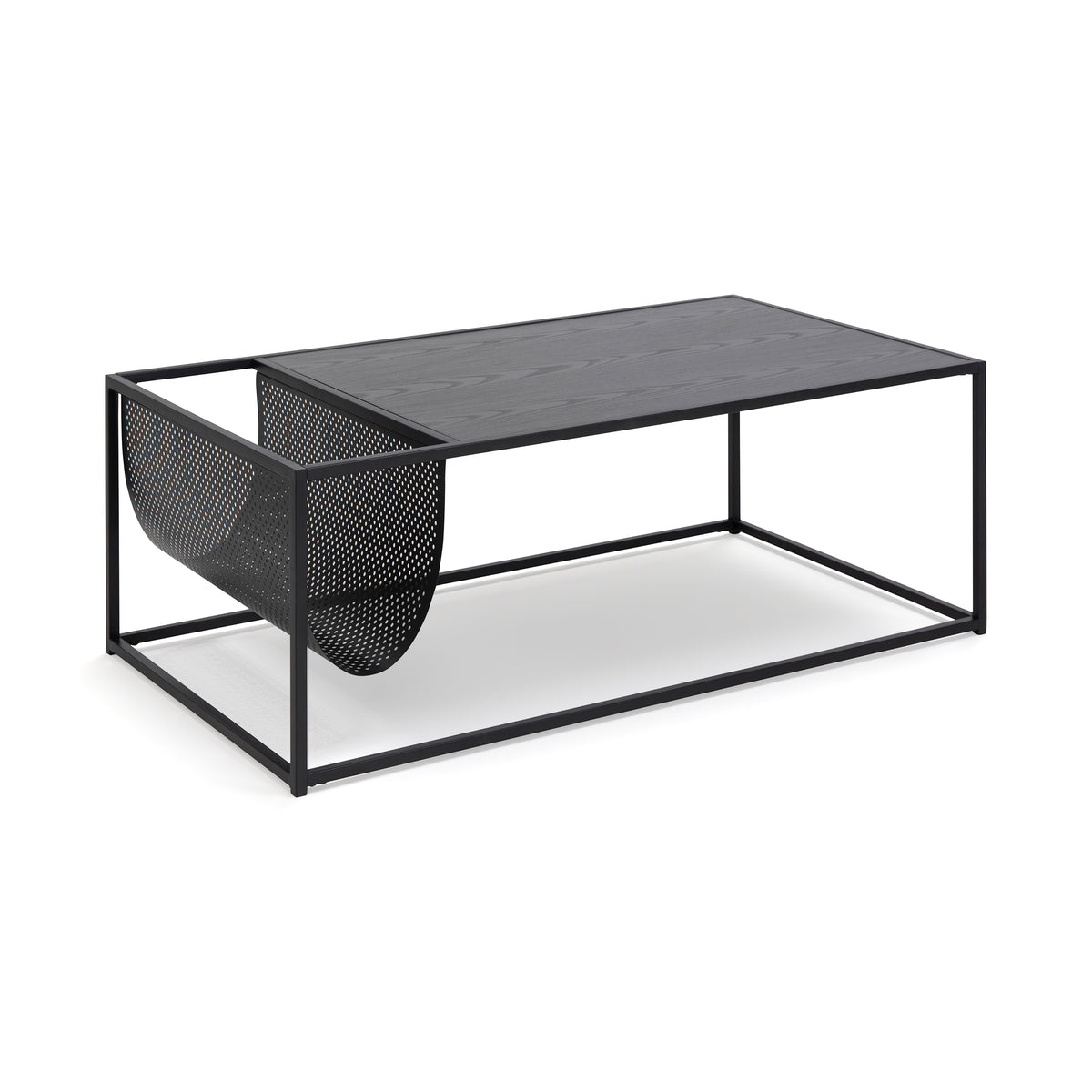 Skeleto coffee table 110x60 with a black ash-effect top, viewed from an angle – a living room table with a magazine pocket