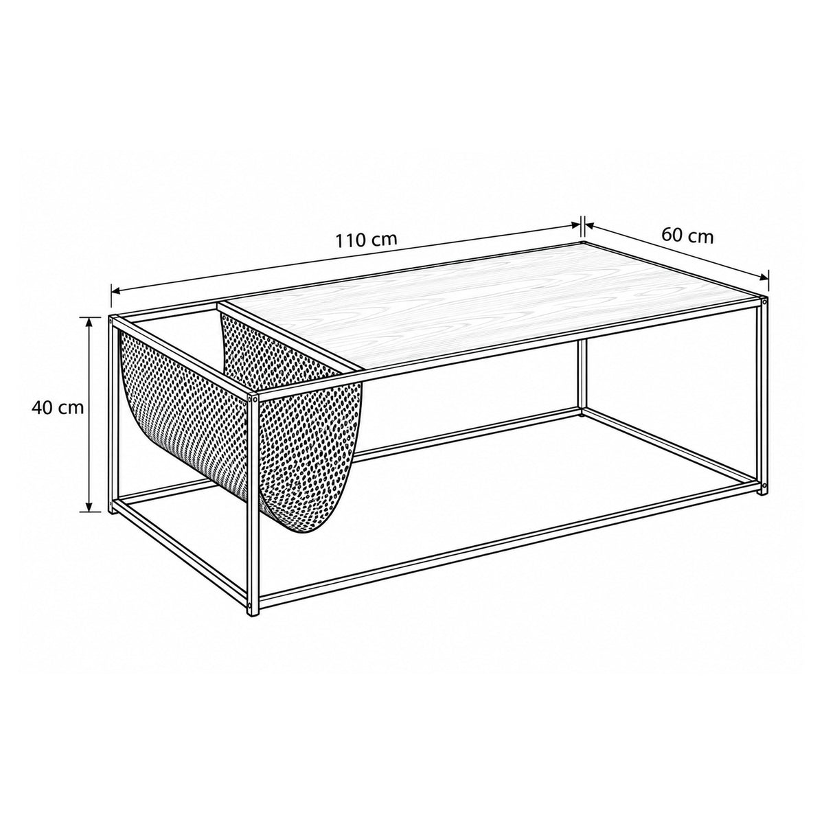 Skeleto 110x60 coffee table – dimensional drawing showing width, height and depth