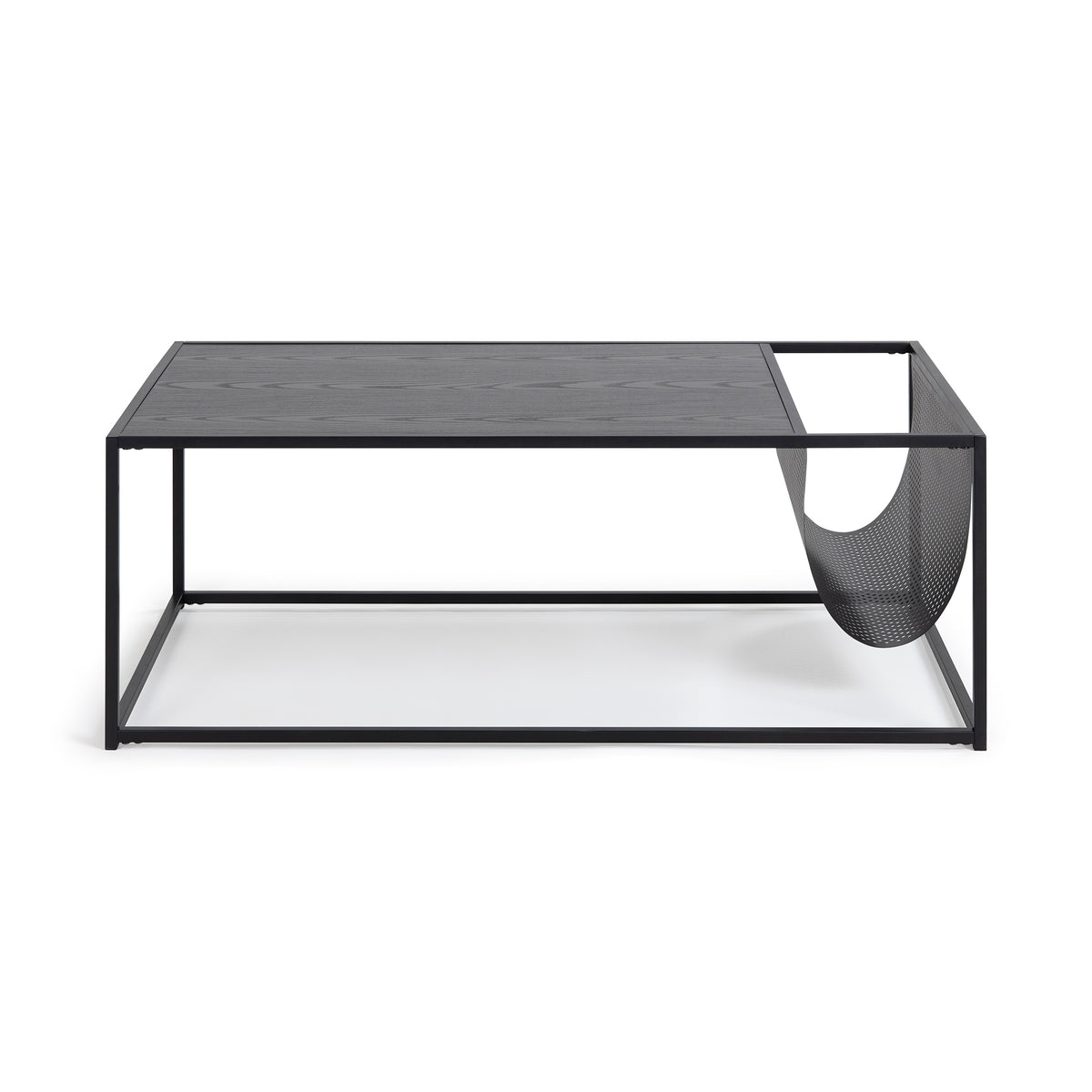 Skeleto coffee table 110x60, front view – black steel frame and perforated magazine holder
