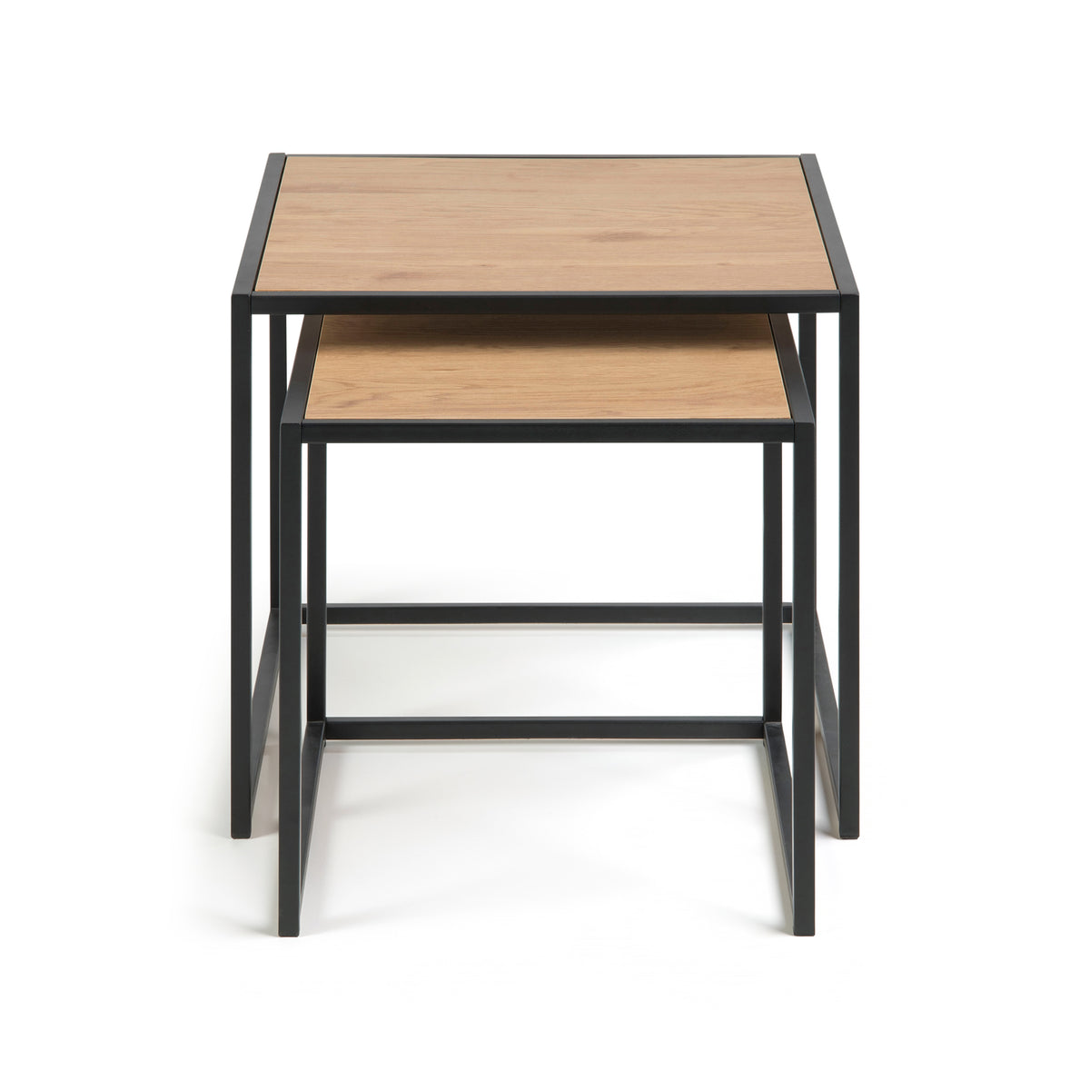 Skeleto 50x45 tables in Wild Oak on the front – a smaller table slid under a larger one, a set of square tables