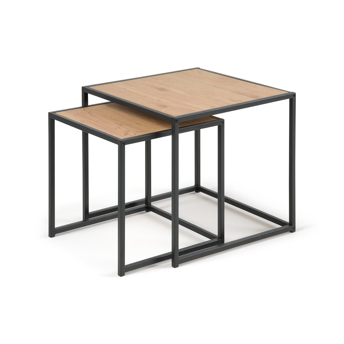 Set of 2 Skeleto 50x45 coffee tables in Wild Oak with bevelled edges – nesting tables on a black steel frame