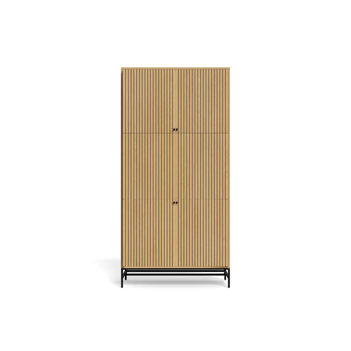 Bambouz 99x200 wardrobe (front view) – slatted doors in an oak finish with round black knobs