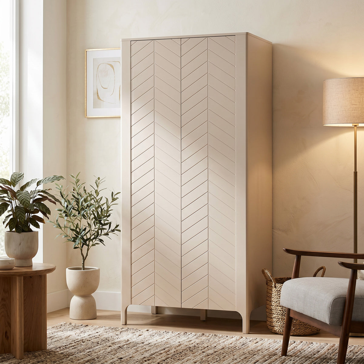 EKLIPSO wardrobe 90x197 with herringbone doors in a modern style, colour Cashmere – in an interior setting | Pillovely