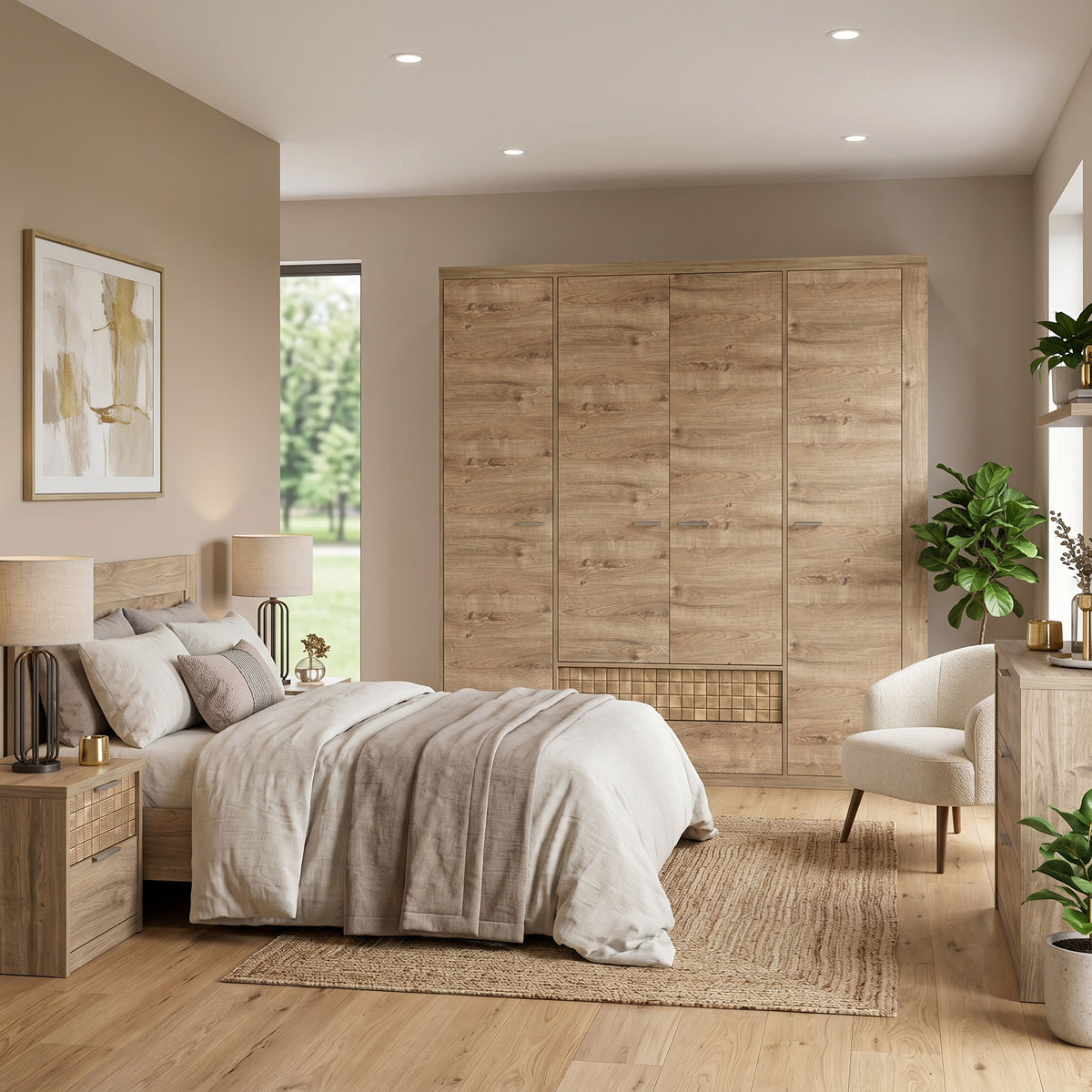 Korin wardrobe 201x196 in a bedroom next to a bed and a bouclé armchair – large bedroom wardrobe with drawers