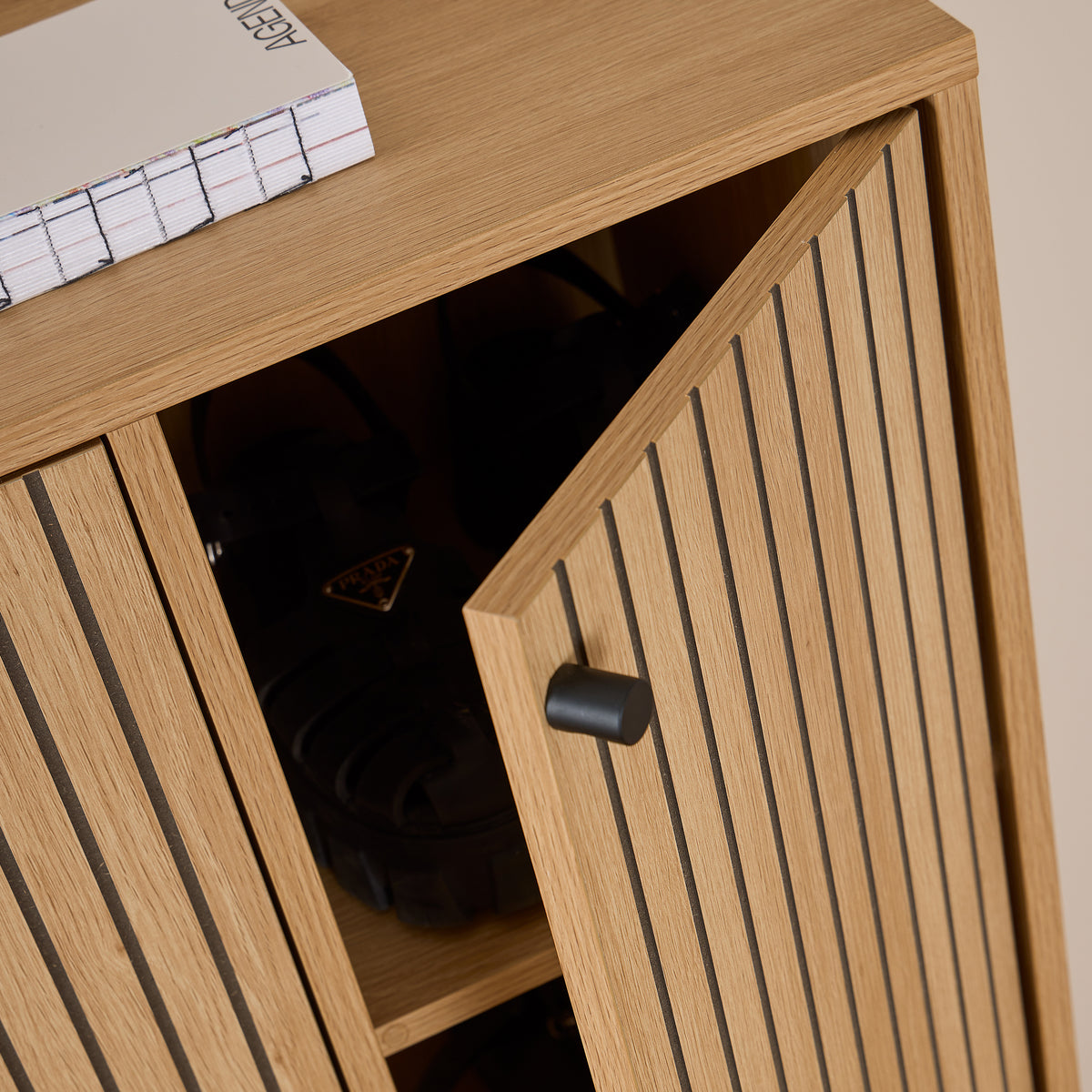 Bambouz 99x141 shoe cupboard – detail of the half-open door with a black handle and shoes on the shelf