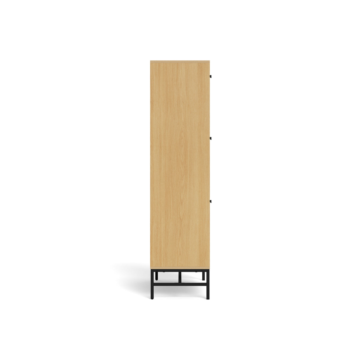 Bambouz 99x141 shoe cupboard – side view of the body in an oak finish with black steel legs