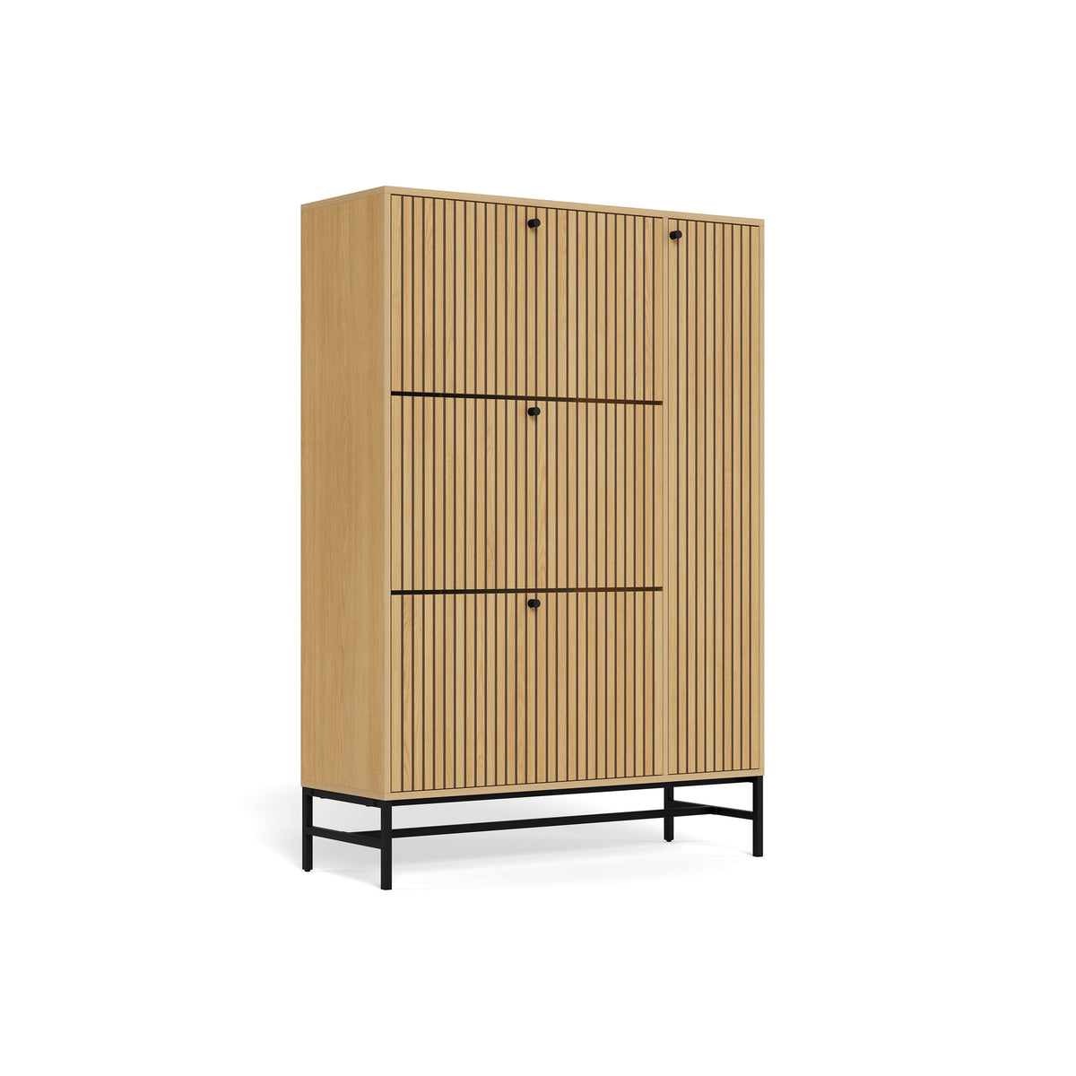 Bambouz 99x141 shoe cabinet in an oak finish – an oblique view of the slatted front and black steel base